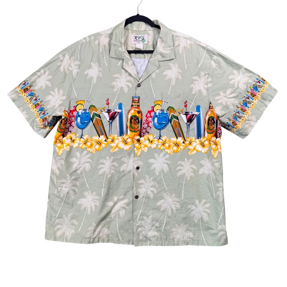KY'S Sage Green Hawaiian Shirt Tropical‎ Surf Drink Print Camp Shirt Men's 2XL